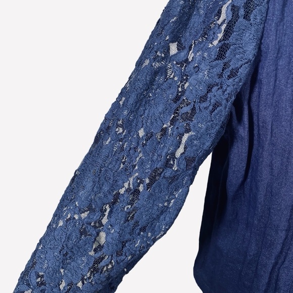 Chicos women's 2 (12) Blue Lace panels trim open front effortless Jacket Blazer - Picture 7 of 10
